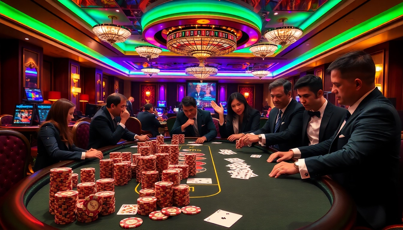 Engaged players at a J88 casino poker table, showcasing excitement and luxury in a vibrant setting.