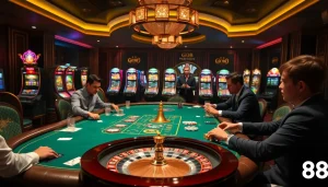 Exciting gaming action at a GO88 poker table surrounded by luxurious casino decor.