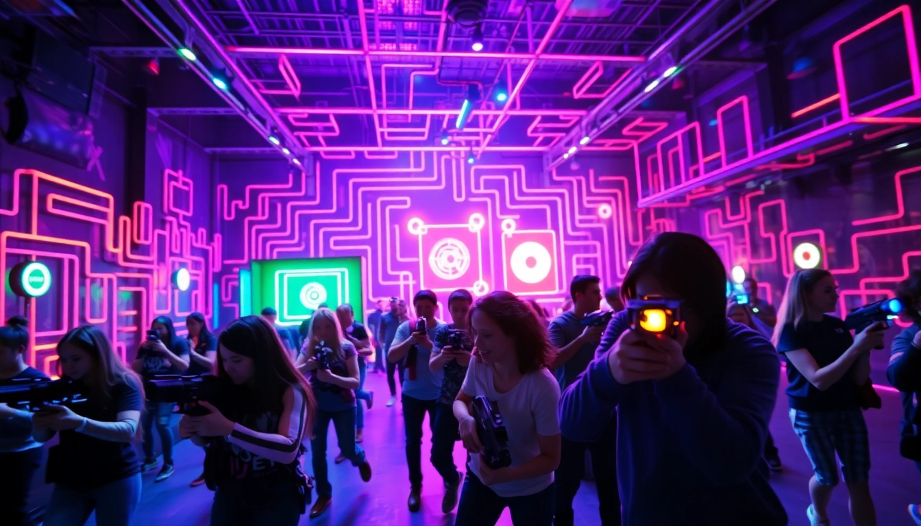 Players engaged in a thrilling Laser tag match in a neon-lit arena, showcasing excitement and action.