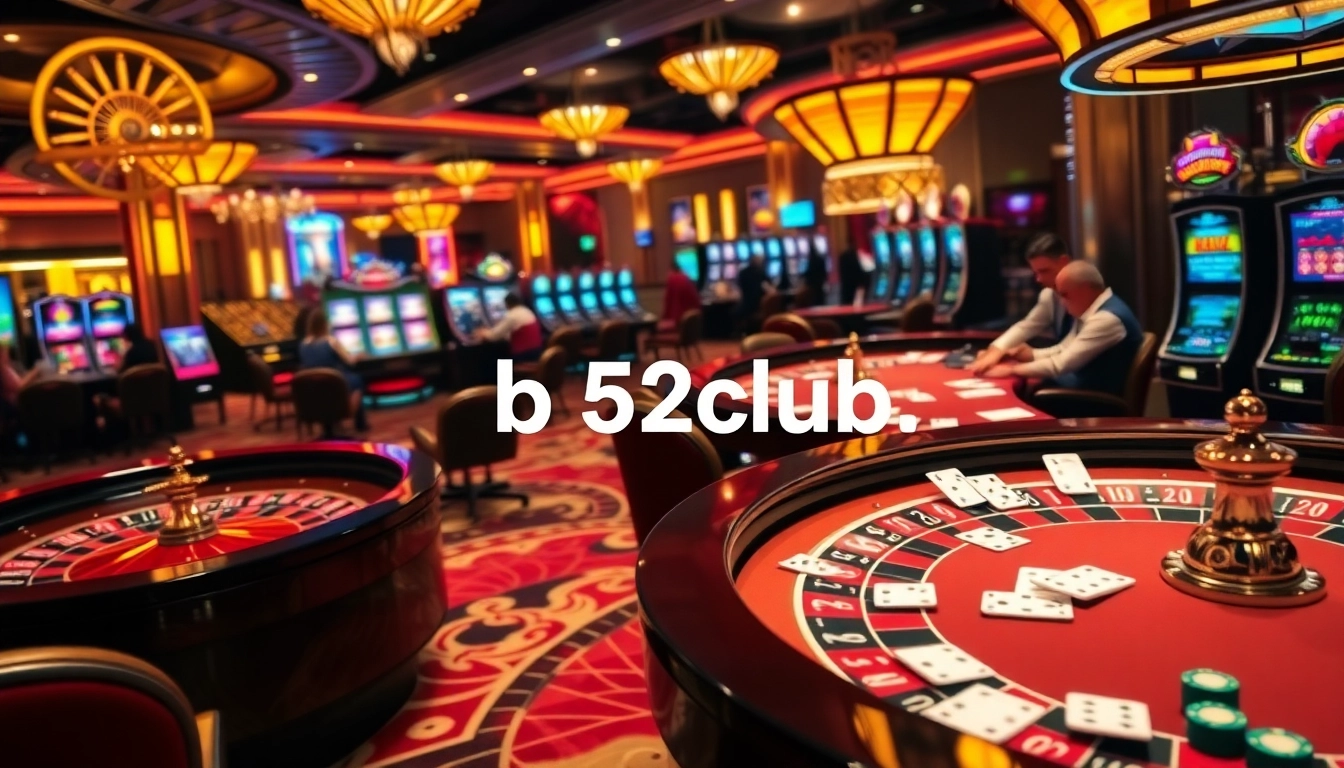 B52club players strategizing at poker tables in an upscale casino environment.