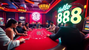 Engaging players at the Hello 88 blackjack table in a vibrant casino environment.
