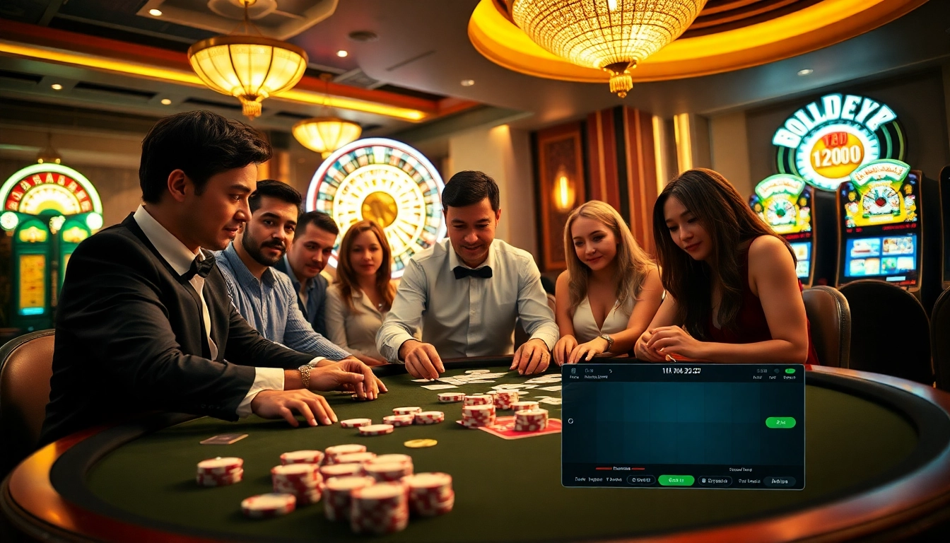 Engaging poker scene showcasing tỷ lệ nhà cái strategies in a vibrant casino setting.