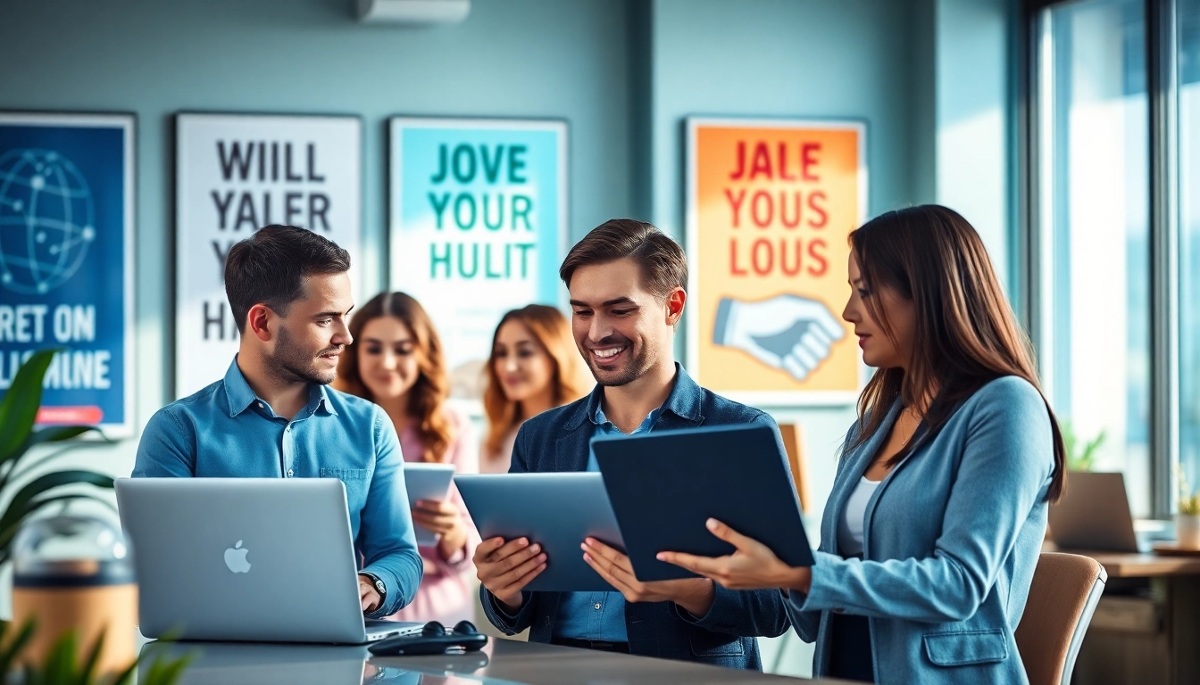 Engaging scene depicting individuals exploring post sales jobs online in a modern office setting.