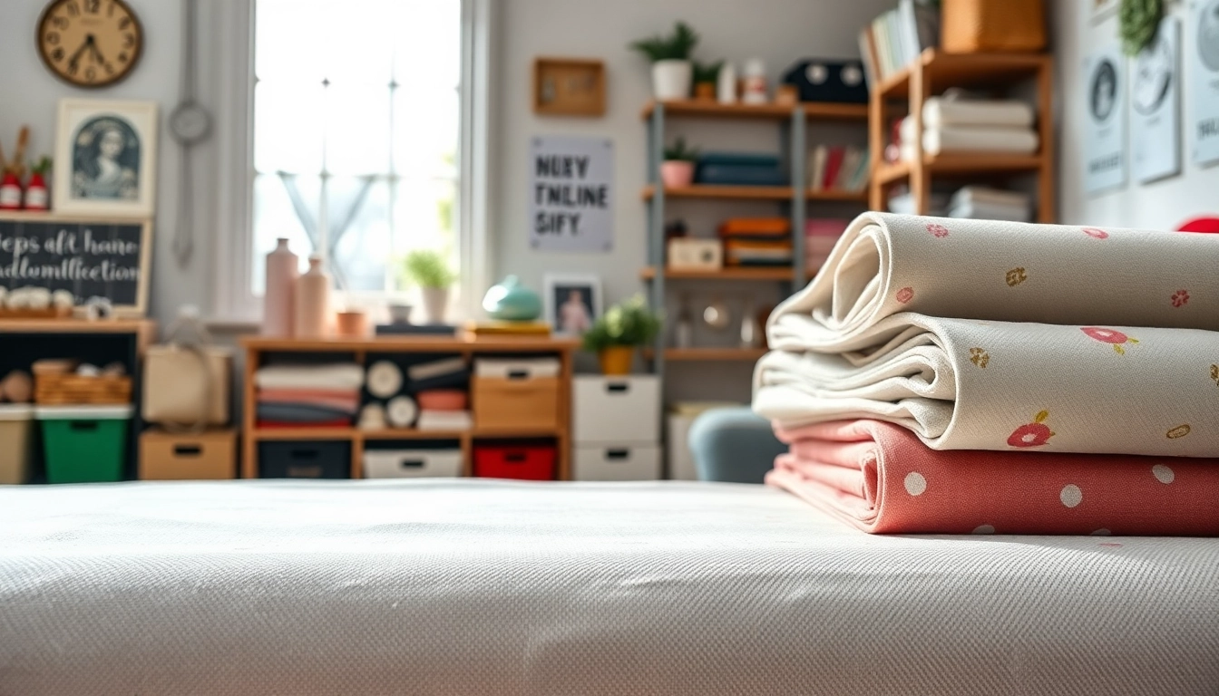 Hydrofiele stof rolls in a well-lit workspace showcasing diverse textures.