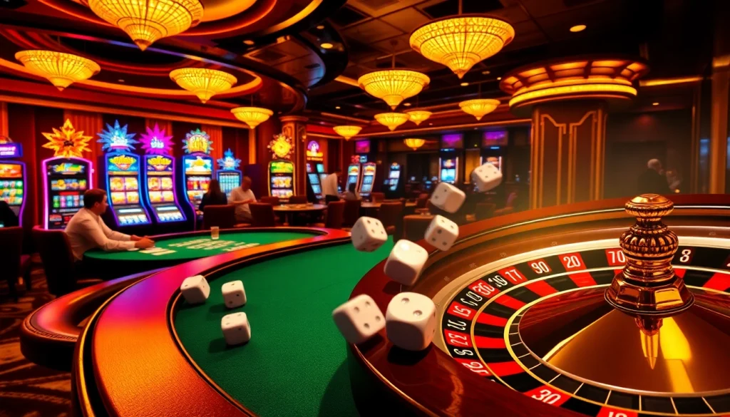 A thrilling casino environment featuring poker players, vibrant slot machines, and the s88a.io logo displayed on digital devices.