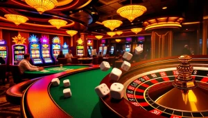 A thrilling casino environment featuring poker players, vibrant slot machines, and the s88a.io logo displayed on digital devices.
