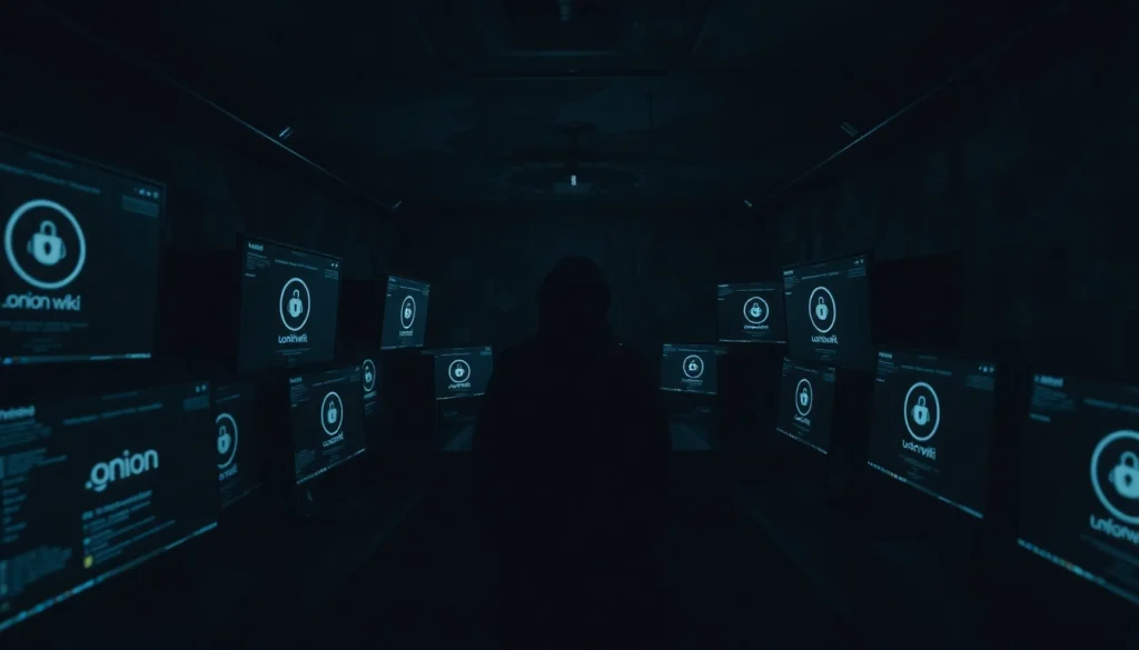 The hidden wiki dark web illustrated through illuminated screens in a dark room, emphasizing anonymity and digital danger.