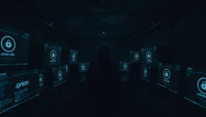 The hidden wiki dark web illustrated through illuminated screens in a dark room, emphasizing anonymity and digital danger.