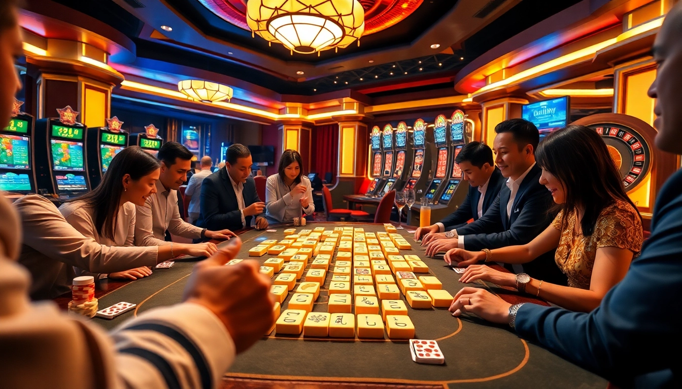 Para pemain menikmati permainan slot Mahjong Ways 2 di meja kasino mewah dengan elemen permainan yang berwarna-warni.