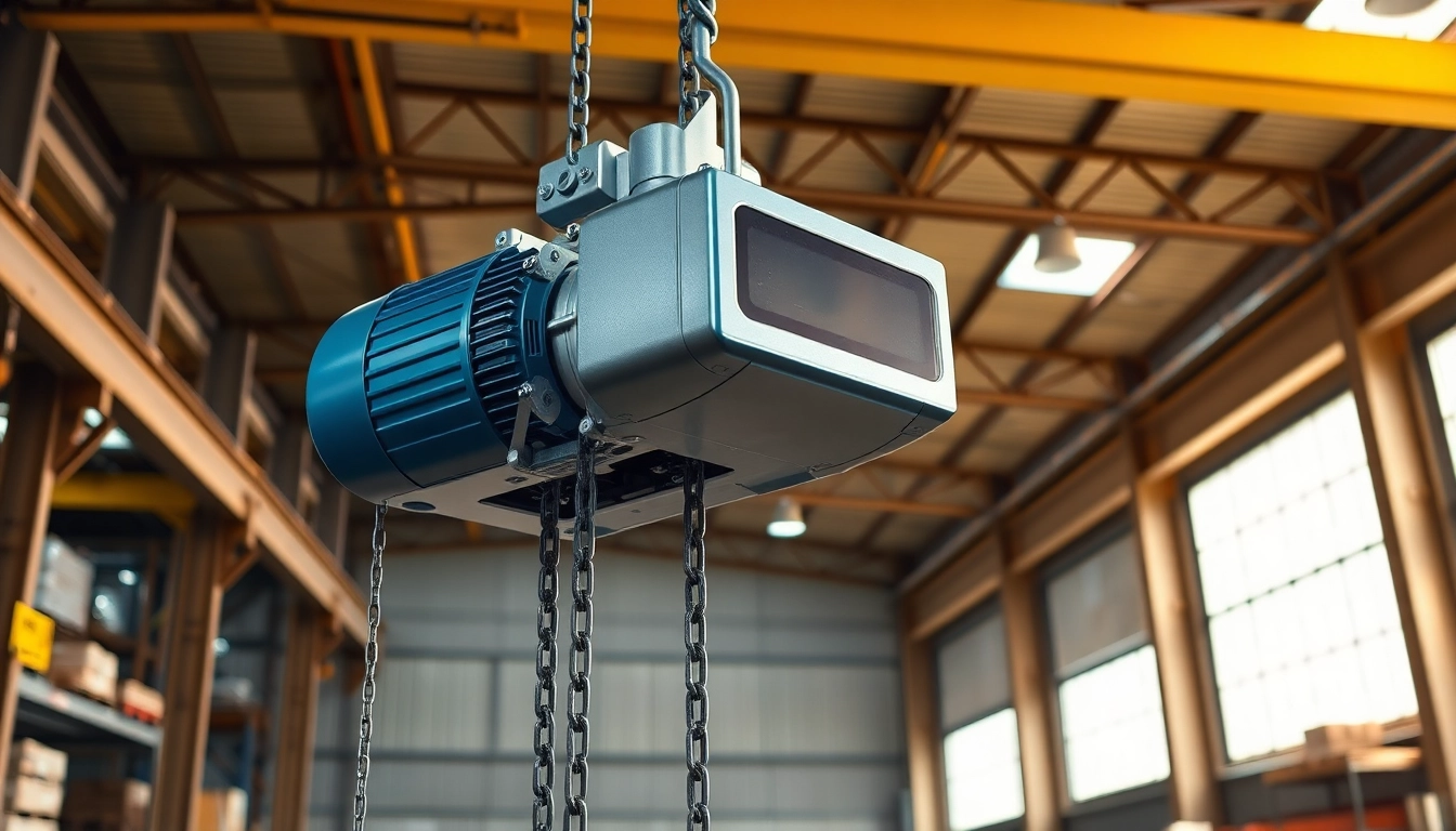 Electric chain hoist crane lifting a heavy load in an industrial warehouse setting.