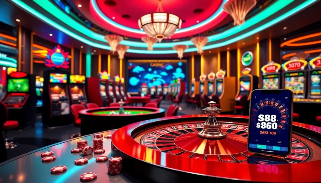 S88 nhà cái offers a thrilling casino experience with poker chips and vibrant roulette tables.