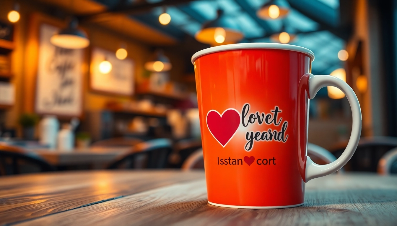 Elegantiškas kavos puodelis su spauda ant puodelių ir asmeniniu logotipu, jaukioje kavinėje.