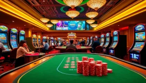 Players enjoying MM88 KJC at vibrant casino tables with colorful chips and slot machines.