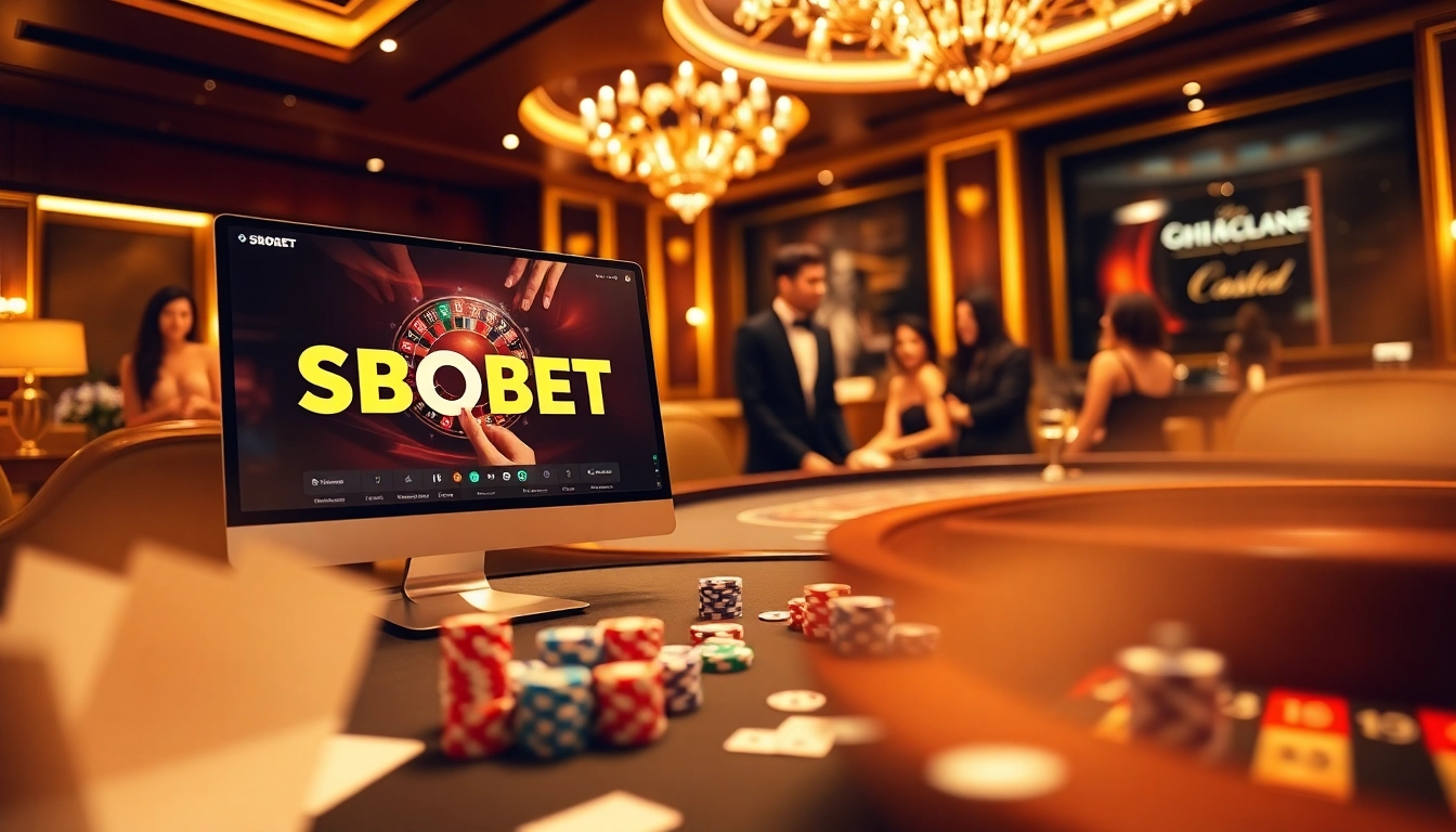 Experience thrilling betting on SBOBET with vibrant casino elements, players, and gaming interfaces.
